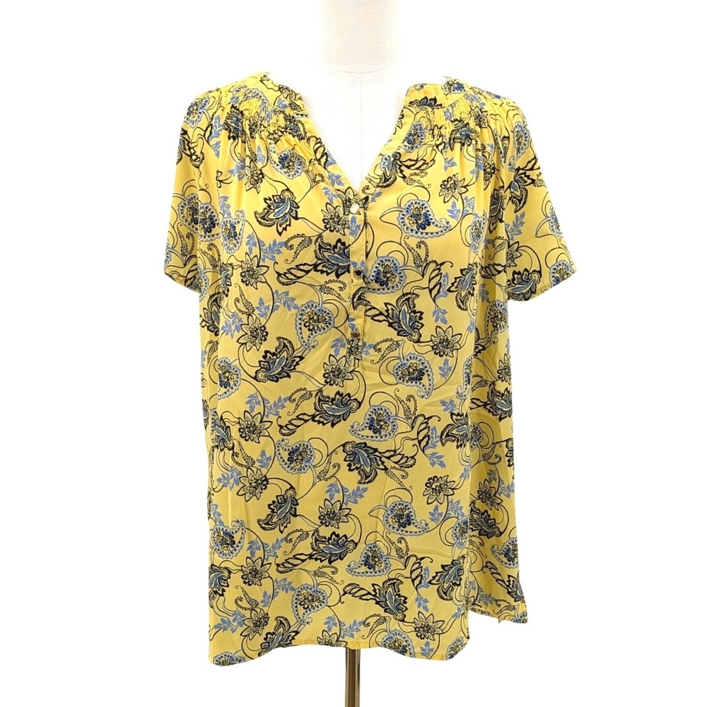 Dana Buchman Floral Blouse Yellow Boho Paisley Top‎ Gold Buttons XL